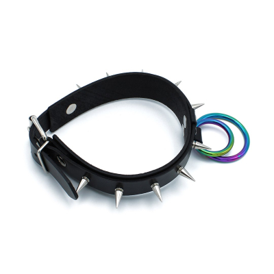 Kiotos Leather Black Leather Spiked Collar Double Rainbow O-Ring