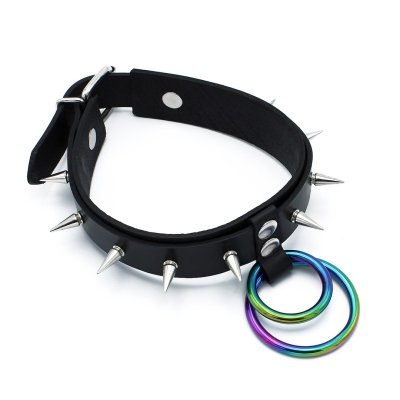 Kiotos Leather Black Leather Spiked Collar Double Rainbow O-Ring