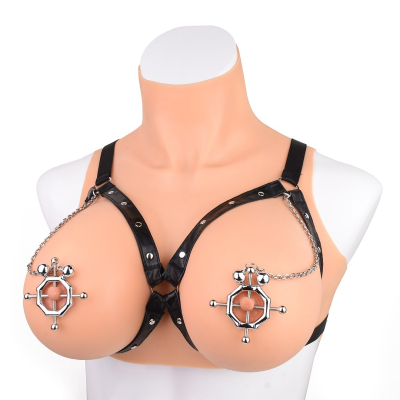 Kiotos BDSM Hexagon Nipple Clamps Bells & Leather Harness Kiotos BDSM Hexagon Nipple Clamps Bells & Leather Harness