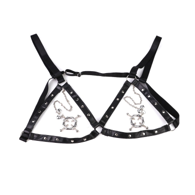 Kiotos BDSM Hexagon Nipple Clamps Bells & Leather Harness Kiotos BDSM Hexagon Nipple Clamps Bells & Leather Harness