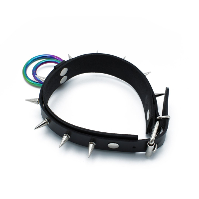 Kiotos Leather Black Leather Spiked Collar Double Rainbow O-Ring