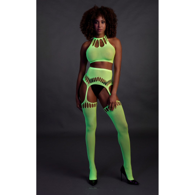 Two Piece with Crop Top and Stockings - One Size - Neon Green