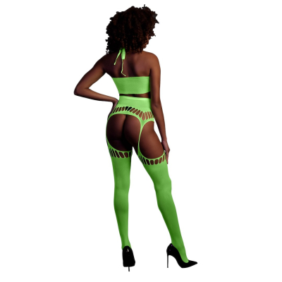 Two Piece with Crop Top and Stockings - One Size - Neon Green