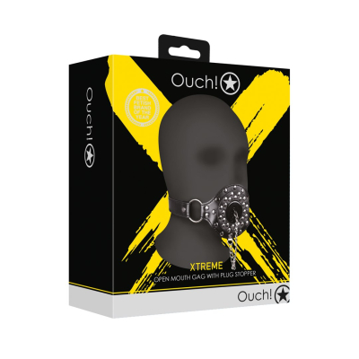 Open Mouth Gag with Plug Stopper - Black
