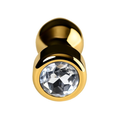 Gold anal plug TOYFA Metal with white round-shaped gem , length 7 cm, diameter 2-3,5 cm, weight 140 gr