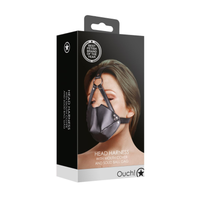 Head Harness with Mouth Cover and Breathable Ball Gag - Black