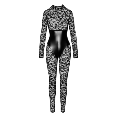 Koronkowy przylegający catsuit Enigma z gorsetem pod biustem XL Noir Handmade