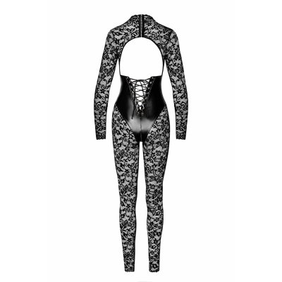 Koronkowy przylegający catsuit Enigma z gorsetem pod biustem XL Noir Handmade