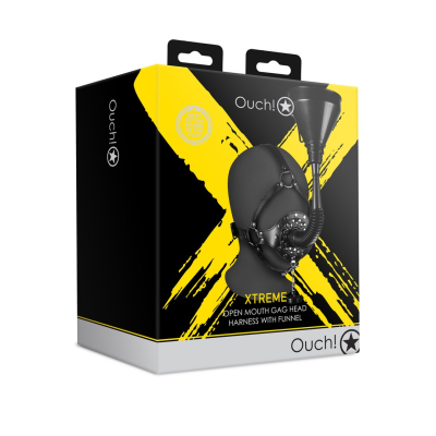Open Mouth Gag Head Harness with Funnel - Black