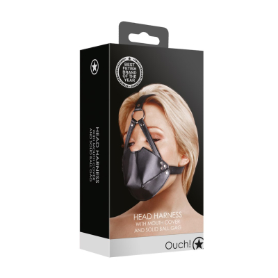 Head Harness with Mouth Cover and Solid Ball Gag - Black