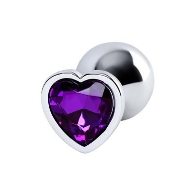 Silver anal plug with purple gem heart-shaped