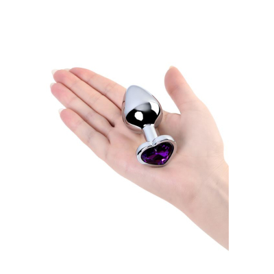 Silver anal plug with purple gem heart-shaped