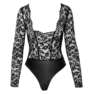 Psyche bodysuit of lace and wetlook XL Noir Handmade