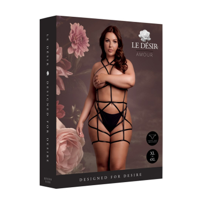 Strappy Open Cup Body Harness with Garters - Plus Size - Black