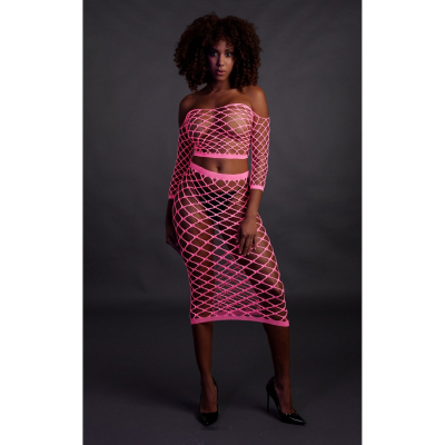 Long Sleeve Crop Top and Long Skirt - One Size - Neon Pink