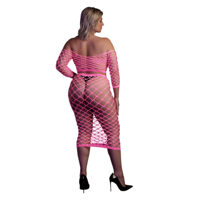 Long Sleeve Crop Top and Long Skirt - Plus Size - Neon Pink