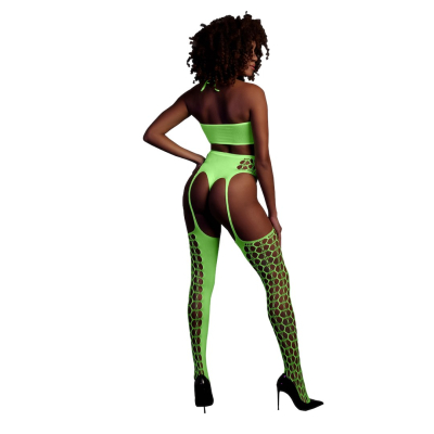 Two Piece with Crop Top and Stockings - One Size - Neon Green