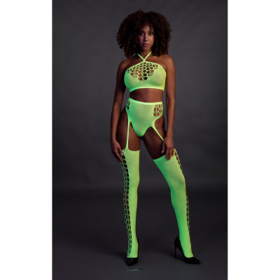 Two Piece with Crop Top and Stockings - One Size - Neon Green