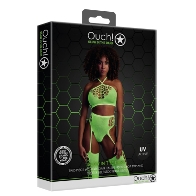 Two Piece with Crop Top and Stockings - One Size - Neon Green