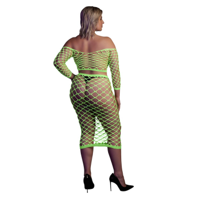 Long Sleeve Crop Top and Long Skirt - Plus Size - Neon Green