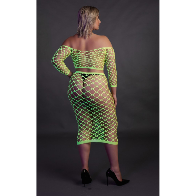 Long Sleeve Crop Top and Long Skirt - Plus Size - Neon Green