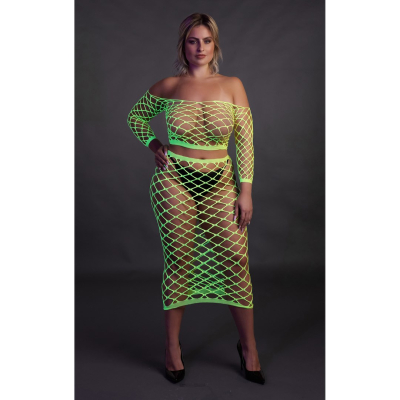 Long Sleeve Crop Top and Long Skirt - Plus Size - Neon Green