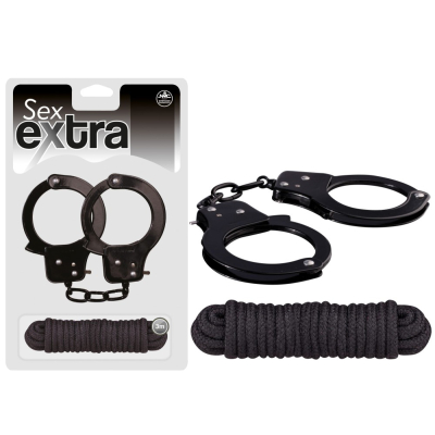 Kajdanki metalowe i lina do krępowania 3m Sex Extra czarne