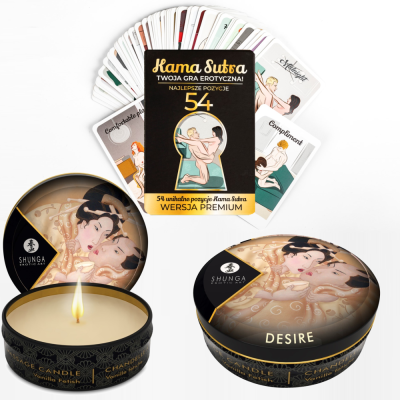 Karty z pozycjami KamaSutra i świeca do masażu Desire Wanilia 30ml Shunga