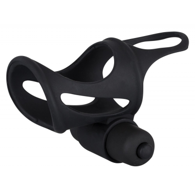 Czarna nakładka na penisa z wibracjami i ringiem na jądra